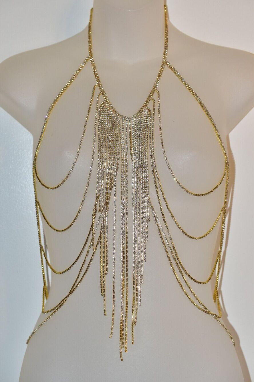 Vintage Body Necklace Top Wrap Rhinestone Crystal Gold Tone Fringe Chain Belt